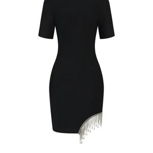 Chic Asymmetrical Black Dress with Silver Fringe
